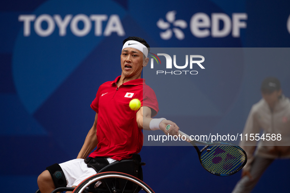 Tokito Oda of Japan competes in the Wheelchair Tennis Men's Singles Gold Medal Match against Alfie Hewett of the UK on Court Philippe Chatri...