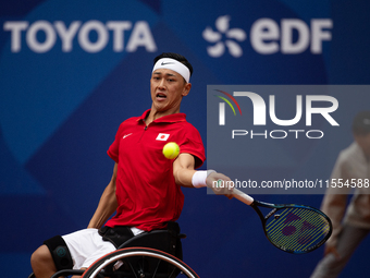 Tokito Oda of Japan competes in the Wheelchair Tennis Men's Singles Gold Medal Match against Alfie Hewett of the UK on Court Philippe Chatri...