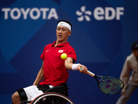 Tokito Oda of Japan competes in the Wheelchair Tennis Men's Singles Gold Medal Match against Alfie Hewett of the UK on Court Philippe Chatri...