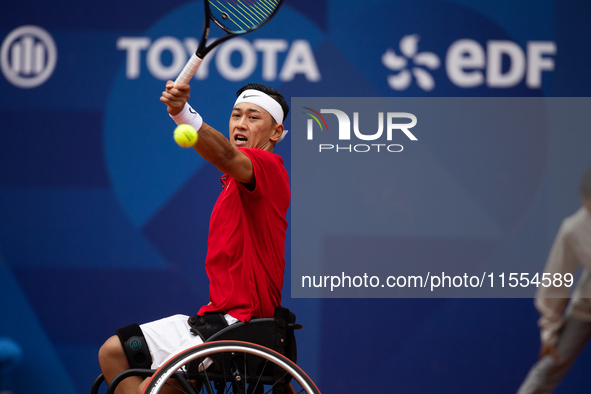 Tokito Oda of Japan competes in the Wheelchair Tennis Men's Singles Gold Medal Match against Alfie Hewett of the UK on Court Philippe Chatri...