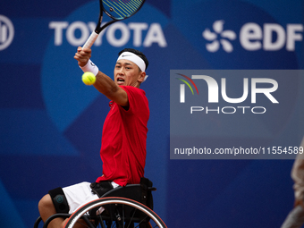 Tokito Oda of Japan competes in the Wheelchair Tennis Men's Singles Gold Medal Match against Alfie Hewett of the UK on Court Philippe Chatri...