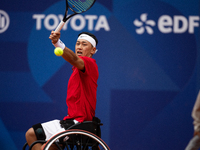 Tokito Oda of Japan competes in the Wheelchair Tennis Men's Singles Gold Medal Match against Alfie Hewett of the UK on Court Philippe Chatri...