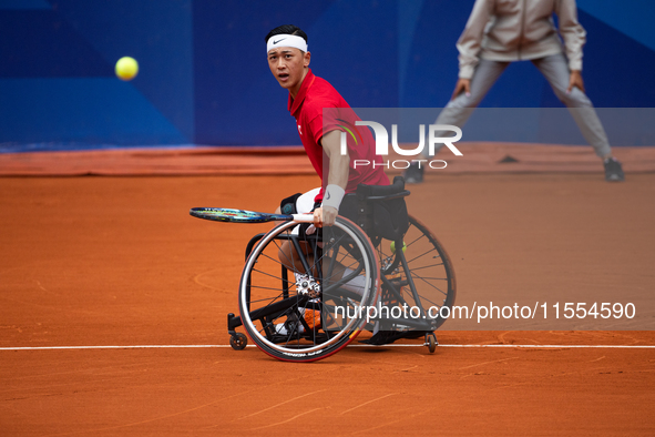 Tokito Oda of Japan competes in the Wheelchair Tennis Men's Singles Gold Medal Match against Alfie Hewett of the UK on Court Philippe Chatri...