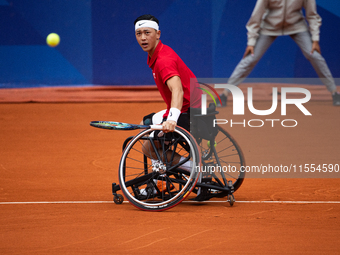 Tokito Oda of Japan competes in the Wheelchair Tennis Men's Singles Gold Medal Match against Alfie Hewett of the UK on Court Philippe Chatri...