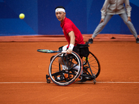 Tokito Oda of Japan competes in the Wheelchair Tennis Men's Singles Gold Medal Match against Alfie Hewett of the UK on Court Philippe Chatri...