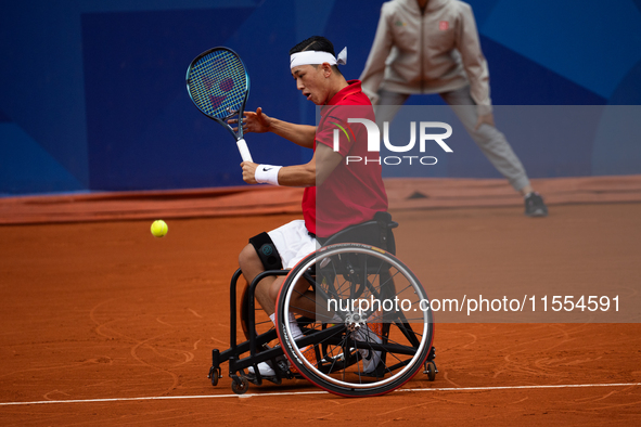 Tokito Oda of Japan competes in the Wheelchair Tennis Men's Singles Gold Medal Match against Alfie Hewett of the UK on Court Philippe Chatri...