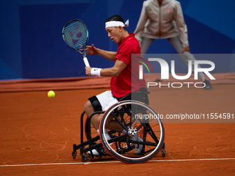 Tokito Oda of Japan competes in the Wheelchair Tennis Men's Singles Gold Medal Match against Alfie Hewett of the UK on Court Philippe Chatri...