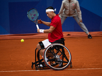 Tokito Oda of Japan competes in the Wheelchair Tennis Men's Singles Gold Medal Match against Alfie Hewett of the UK on Court Philippe Chatri...