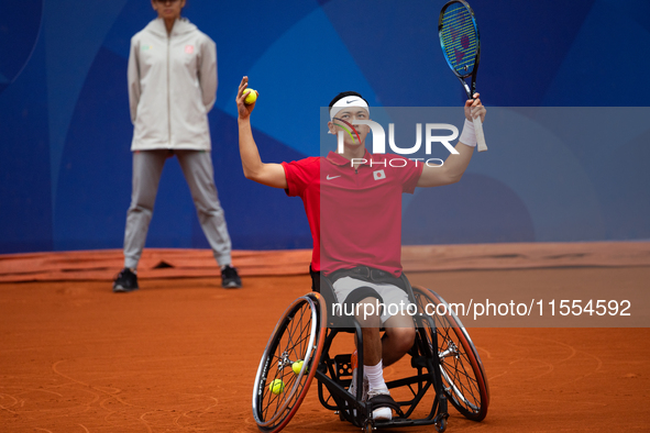 Tokito Oda of Japan competes in the Wheelchair Tennis Men's Singles Gold Medal Match against Alfie Hewett of the UK on Court Philippe Chatri...