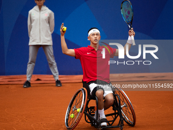 Tokito Oda of Japan competes in the Wheelchair Tennis Men's Singles Gold Medal Match against Alfie Hewett of the UK on Court Philippe Chatri...