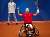 Tokito Oda of Japan competes in the Wheelchair Tennis Men's Singles Gold Medal Match against Alfie Hewett of the UK on Court Philippe Chatri...