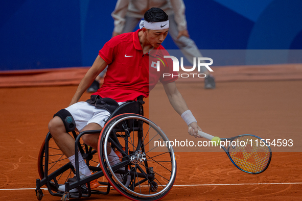 Tokito Oda of Japan competes in the Wheelchair Tennis Men's Singles Gold Medal Match against Alfie Hewett of the UK on Court Philippe Chatri...