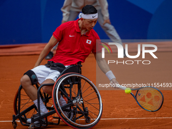 Tokito Oda of Japan competes in the Wheelchair Tennis Men's Singles Gold Medal Match against Alfie Hewett of the UK on Court Philippe Chatri...