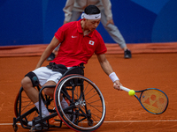 Tokito Oda of Japan competes in the Wheelchair Tennis Men's Singles Gold Medal Match against Alfie Hewett of the UK on Court Philippe Chatri...