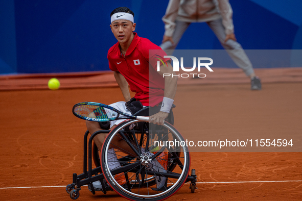 Tokito Oda of Japan competes in the Wheelchair Tennis Men's Singles Gold Medal Match against Alfie Hewett of the UK on Court Philippe Chatri...