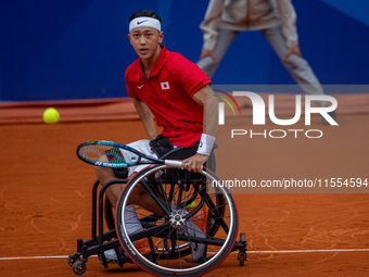 Tokito Oda of Japan competes in the Wheelchair Tennis Men's Singles Gold Medal Match against Alfie Hewett of the UK on Court Philippe Chatri...