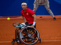 Tokito Oda of Japan competes in the Wheelchair Tennis Men's Singles Gold Medal Match against Alfie Hewett of the UK on Court Philippe Chatri...