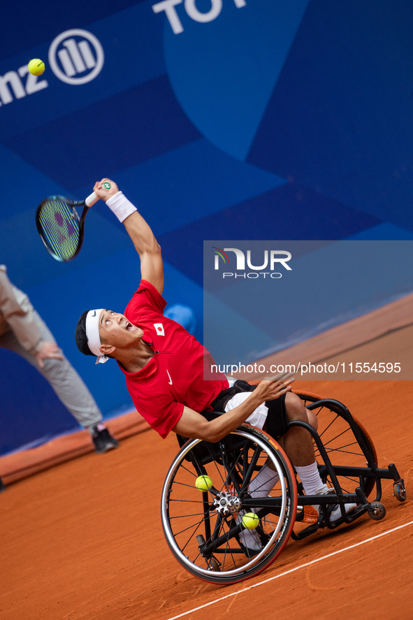 Tokito Oda of Japan competes in the Wheelchair Tennis Men's Singles Gold Medal Match against Alfie Hewett of the UK on Court Philippe Chatri...