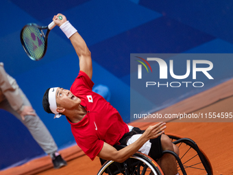 Tokito Oda of Japan competes in the Wheelchair Tennis Men's Singles Gold Medal Match against Alfie Hewett of the UK on Court Philippe Chatri...