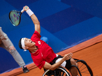 Tokito Oda of Japan competes in the Wheelchair Tennis Men's Singles Gold Medal Match against Alfie Hewett of the UK on Court Philippe Chatri...