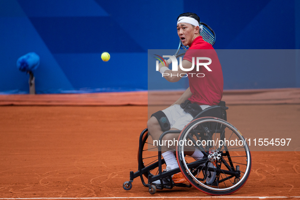 Tokito Oda of Japan competes in the Wheelchair Tennis Men's Singles Gold Medal Match against Alfie Hewett of the UK on Court Philippe Chatri...