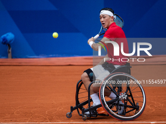 Tokito Oda of Japan competes in the Wheelchair Tennis Men's Singles Gold Medal Match against Alfie Hewett of the UK on Court Philippe Chatri...