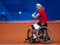 Tokito Oda of Japan competes in the Wheelchair Tennis Men's Singles Gold Medal Match against Alfie Hewett of the UK on Court Philippe Chatri...