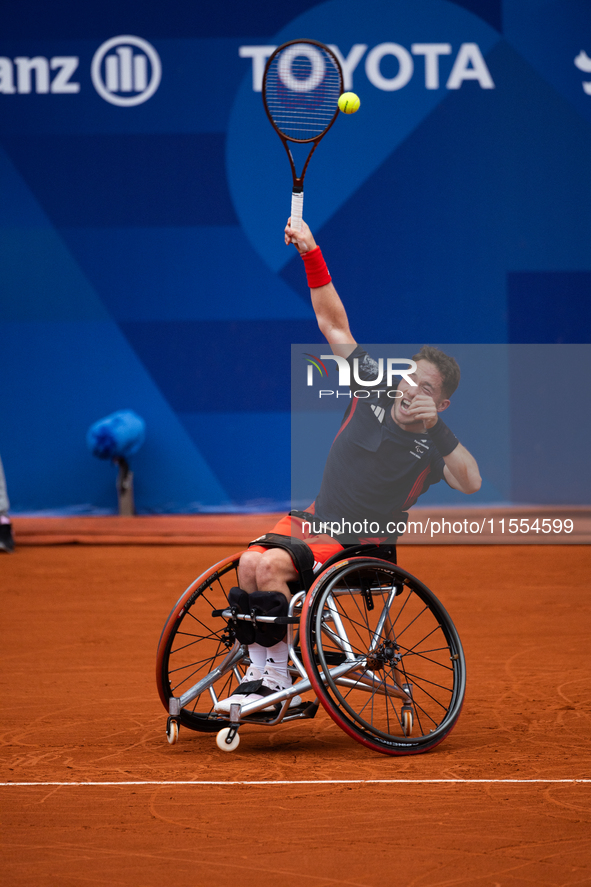 Alfie Hewett of the UK competes during the Wheelchair Tennis Men's Singles Gold Medal Match against Tokito Oda of Japan on Court Philippe Ch...