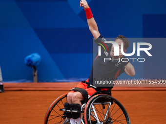 Alfie Hewett of the UK competes during the Wheelchair Tennis Men's Singles Gold Medal Match against Tokito Oda of Japan on Court Philippe Ch...