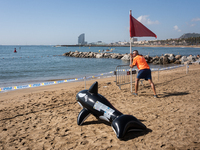 Dozens of Barcelona residents protest on the Somorrostro beach in the Barceloneta neighborhood against the America's Cup 2024, in Barcelona,...