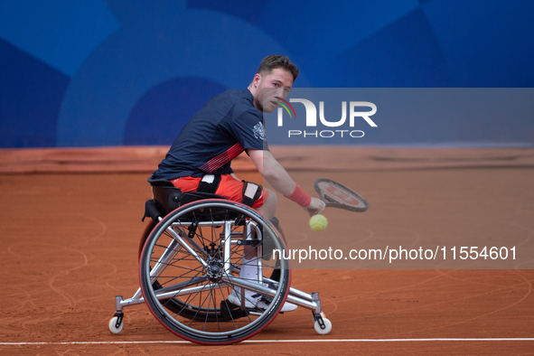 Alfie Hewett of the UK competes during the Wheelchair Tennis Men's Singles Gold Medal Match against Tokito Oda of Japan on Court Philippe Ch...