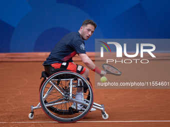 Alfie Hewett of the UK competes during the Wheelchair Tennis Men's Singles Gold Medal Match against Tokito Oda of Japan on Court Philippe Ch...