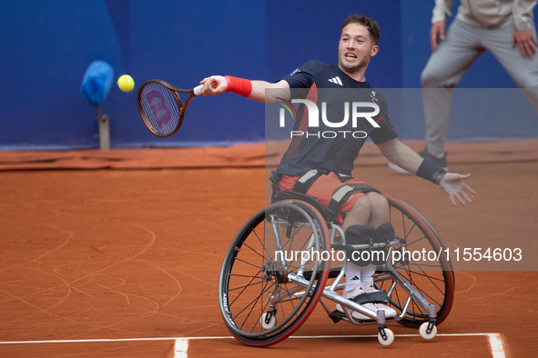 Alfie Hewett of the UK competes during the Wheelchair Tennis Men's Singles Gold Medal Match against Tokito Oda of Japan on Court Philippe Ch...