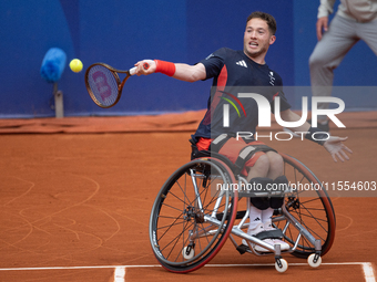 Alfie Hewett of the UK competes during the Wheelchair Tennis Men's Singles Gold Medal Match against Tokito Oda of Japan on Court Philippe Ch...