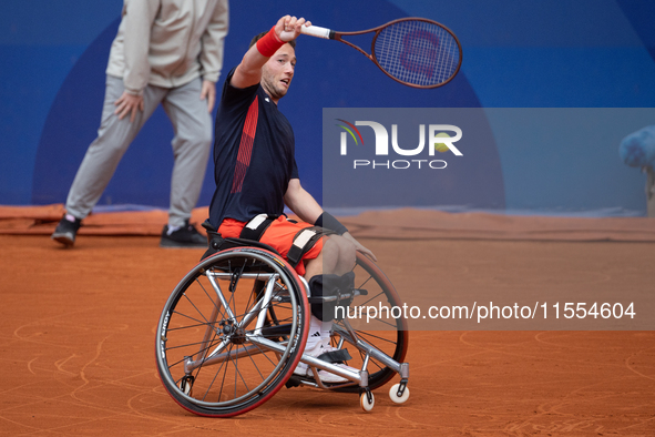 Alfie Hewett of the UK competes during the Wheelchair Tennis Men's Singles Gold Medal Match against Tokito Oda of Japan on Court Philippe Ch...