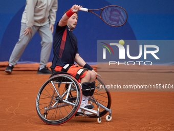 Alfie Hewett of the UK competes during the Wheelchair Tennis Men's Singles Gold Medal Match against Tokito Oda of Japan on Court Philippe Ch...