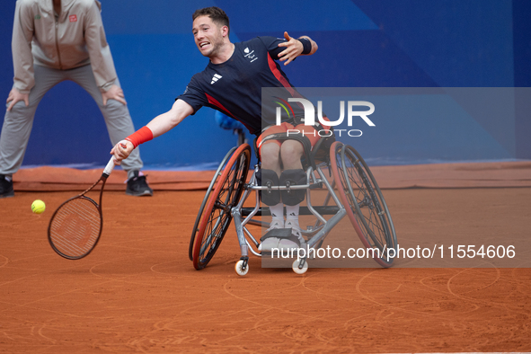 Alfie Hewett of the UK competes during the Wheelchair Tennis Men's Singles Gold Medal Match against Tokito Oda of Japan on Court Philippe Ch...