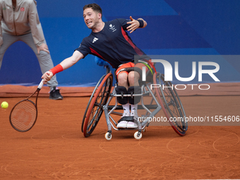 Alfie Hewett of the UK competes during the Wheelchair Tennis Men's Singles Gold Medal Match against Tokito Oda of Japan on Court Philippe Ch...