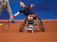 Alfie Hewett of the UK competes during the Wheelchair Tennis Men's Singles Gold Medal Match against Tokito Oda of Japan on Court Philippe Ch...