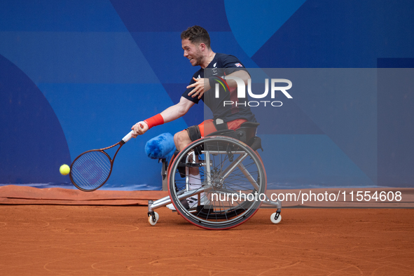 Alfie Hewett of the UK competes during the Wheelchair Tennis Men's Singles Gold Medal Match against Tokito Oda of Japan on Court Philippe Ch...