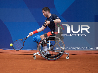 Alfie Hewett of the UK competes during the Wheelchair Tennis Men's Singles Gold Medal Match against Tokito Oda of Japan on Court Philippe Ch...