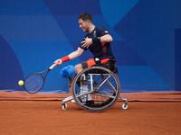 Alfie Hewett of the UK competes during the Wheelchair Tennis Men's Singles Gold Medal Match against Tokito Oda of Japan on Court Philippe Ch...