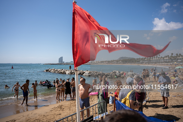 Dozens of Barcelona residents protest on the Somorrostro beach in the Barceloneta neighborhood against the America's Cup 2024, in Barcelona,...