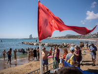 Dozens of Barcelona residents protest on the Somorrostro beach in the Barceloneta neighborhood against the America's Cup 2024, in Barcelona,...