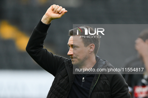 Stuart Maynard, manager of Notts County, celebrates victory during the Sky Bet League 2 match between Notts County and Accrington Stanley at...