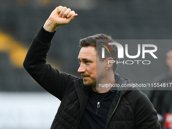 Stuart Maynard, manager of Notts County, celebrates victory during the Sky Bet League 2 match between Notts County and Accrington Stanley at...