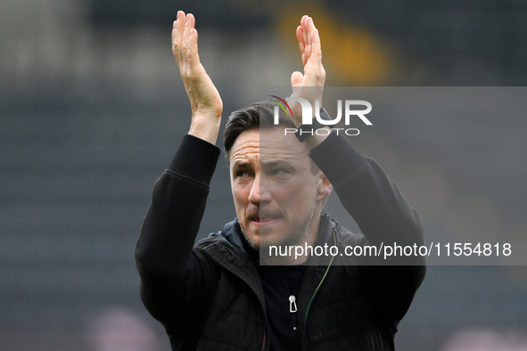 Stuart Maynard, manager of Notts County, celebrates victory during the Sky Bet League 2 match between Notts County and Accrington Stanley at...