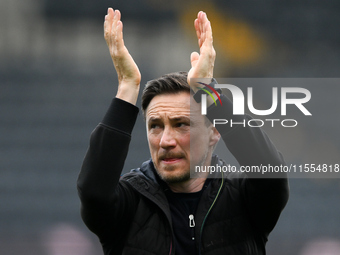 Stuart Maynard, manager of Notts County, celebrates victory during the Sky Bet League 2 match between Notts County and Accrington Stanley at...