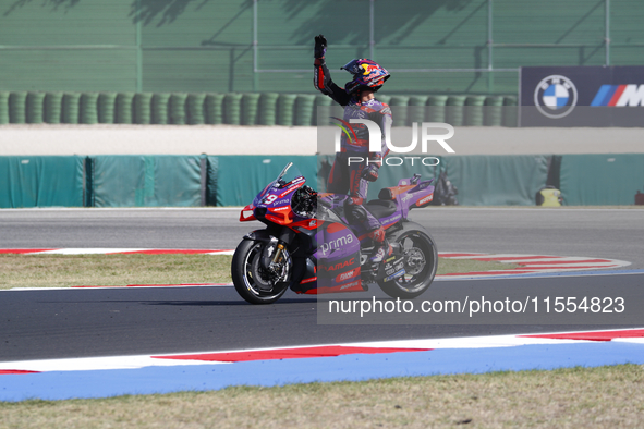 Ducati Spanish rider Jorge Martin rides ahead of Ducati Italian rider Francesco Bagnaia during the sprint race of the San Marino MotoGP Gran...