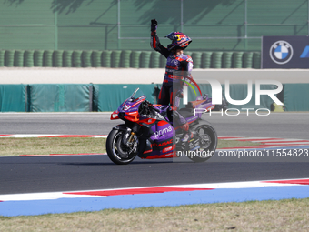 Ducati Spanish rider Jorge Martin rides ahead of Ducati Italian rider Francesco Bagnaia during the sprint race of the San Marino MotoGP Gran...